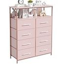 WARM&LOVE Dresser for Bedroom with 8 Drawers, Tall Chest of Drawers with Open Shelves, Pink Chest of Drawers for Closet, Clothes, TV and Nursery, Wooden Top, Fabric Drawers and Metal Frame (Pink)