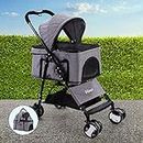i.Pet Pet Stroller, Double Cat Dog Carrier Backpack Travel Strollers Pram Seat Trolley Outdoors Transport Carriers, Folding with 4 Wheels Water Resistance Grey
