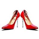 Dèmonia – Escarpin para mujer roja de vinilo – Hebilla en el tobillo – Zapatos de mujer con tacón de aguja sexy – Zapatos de fetiche glamour y moda – Talla 36, rojo, 38 EU