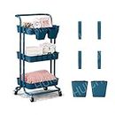 3-Tier Rolling Utility Cart Storage Shelves Multifunction Storage Trolley Service Cart with Mesh Basket Handles and Wheels Easy Assembly for Bathroom, Kitchen, Office,Bar cart. (Blue with Hooks)