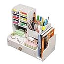 Upgraded Desktop Stationary Organizer with Drawer, DIY White Pencil Holder Desk Tidy Caddy Art Supply Organizer for Home, Office and School