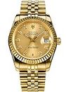 HOLUNS Mens Full Gold Watch Automatic Mechanical Gilded Steel Self-Wind Sapphire Glass Dress Waterproof Watch, Gold, LUXURY