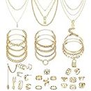 Finrezio Gold Plated Jewelry Set with 8 PCS Necklace, 11 PCS Bracelet, 10 PCS Ear Cuffs Earring, 12 Pcs Knuckle Rings for Women Valentine Anniversary Birthday Friendship Gift