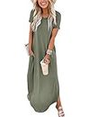 ANRABESS Women's Summer Casual Loose Short Sleeve Long T Shirt Dress Split Maxi Beach Sundress Travel Vacation Outfits Olive Large