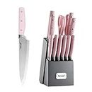 hecef Kitchen Knife Block Set, 14 Pieces Set with Wooden Block & Sharpener Steel & All-purpose Scissors, High Carbon Stainless Steel Cutlery Set, Mothers Day Gift Housewarming Birthday (Pink)