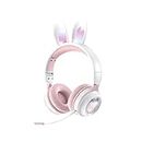 PLRG Écouteur d'oreille Bunny sans Fil avec Micro, Mignon Jeu stéréo RVB Pliable AUX 3,5 mm Carte Over-Soresets Fit Kids Girls Gamer Streamer Pink/White
