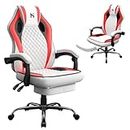 HLDIRECT Gaming Chair, Ergonomic Gaming Chairs for Adults, Video Game Chair with Footrest, Gamer Computer Chair with Headrest and Lumbar Support, Swivel PU Leather Office Chair, White & Red