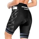 Pantalones cortos de ciclismo para mujer, con acolchado de gel 4D, con bolsillos, cintura ancha, Negro reflectante., S