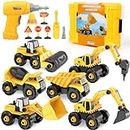 Take Apart Truck Car Toys with Electric Drill - DIY Construction Vehicles Excavator Toy Set with Storage Box Building STEM Toy Gifts for Kids Boys Girls Age 3 4 5