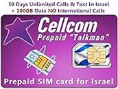 Israel Prepaid SIM Card from Cellcom, Including 30 Days Unlimited Israel Calls & Text + 100GB Data at 4G LTE Speed, Fits Any Size SIM Card Micro Nano + Case iPhone Pin & User Guide