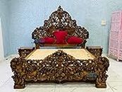 A.M INTERNATIONAL Royal King Size Wooden Carved Bedroom Set in Teak Wood with Antique Walnut High PU Finish