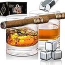 NEW PACIFIC YOUYAH Zigarren Whiskygläser mit Zigarrenablage, 2er-Set mit 4 Eiswürfeln und Eiszange, Kristall-Whisky-Glas mit Zigarrenhalter, Geschenke für Männer (300ml)