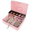 Cash Box with Lock and Money Tray Metal Money Box with Key for Cash Large Lock Box for Money Tiered Pink 11.8 x 9.4 x 3.54 Inches