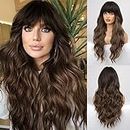 HAIRCUBE Ombre Brown Wig Long Curly Wig with Bangs Natural Appearance Heat-Resistant Synthetic Wig Suitable for Fashionable Women
