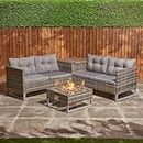 Rattan Garden Furniture With Firepit Table | Outdoor Furniture Set L Shape | Patio Furniture Set With Sofa Firepit Table Corner Table & Rain Cover | 4 Seater Grey Cushions
