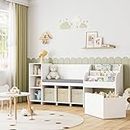 HOSTACK 67" Kids Reading Nook with Bench, Kids Bookshelf and Bookcase with Seat Cushion and 6 Storage Cubbies, Toy Storage Box on Wheels, Toy Chest for Playroom, Bedroom, School, White