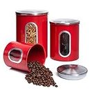Mixpresso 3 Piece Red Canisters Sets For The Kitchen, Kitchen Jars With See Through Window, Airtight Coffee Container Tea Organizer & Sugar Canister, Kitchen Canisters Set of 3 Red Kitchen Decor.
