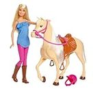 Barbie-Puppe und Pferdespielzeug, Barbie-Reitzubehör, rosa Helm und Zügel, 1 Barbie-Puppe und 1 Pferdespielzeug enthalten, als Geschenk für Kinder, Spielzeug ab 3 Jahre geeignet,FXH13