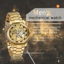 Men's Luxury Gold Tone Stainless Steel Skeleton Automatic Mechanical Wrist Watch