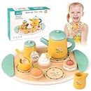 Tea Party Set Wooden Toys for Toddlers Little Girls 3-5, Kids Play Kitchen Tea Set Montessori Toys, Pretend Toys Wooden Kichen Sets, Birthday Easter for Kids 3 4 5 6 Year Old