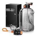 Feeljuly 1 Gallon Water Bottle with Straw, 128 oz Large Bottles Times to Drink, Reusable Leak Proof Jug Handle, 2 Lids BPA Free Big Sports for Fitness Gym Camping Grey