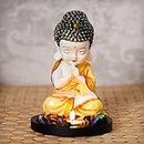 eCraftIndia Yellow And White Polyresin Praying Little Monk Buddha Statue With Wooden Base, Fragranced Petals Tealight Candle Holder For Home, Office, Meditation Spaces - Gift For Housewarmings, Diwali