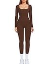 Acrawnni Women Ribbed Knit Yoga Jumpsuit Long Sleeve Square Neck One Piece Bodycon Jumpsuit Workout Fitness Outfit Sportswear (I-Coffee, M)