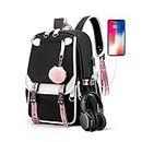 Kids Backpacks For Teen Girls With USB Port, cute black backpack Can Hold 15.6in Notebook,Tablets.Girls Backpack Can Be Used As Gift for Students Or Friends(Black)