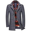 WULFUL Men’s Wool Blend Winter Coat Slim Fit Short Trenchcoat Warm Business Jacket with Free Detachable Soft Wool Scarf, Grey 01, Small