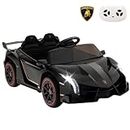 HONEY JOY Licensed Lamborghini Kid Ride-on Sports Car, 12V Battery Powered Electric Vehicle w/2.4G Remote, 3 Speeds, Hydraulic Doors, LED Lights, Towing Wheel, Horn, Music, Ride-on Toy for 3-8 (Black)