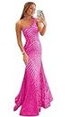 One Shoulder Mermaid Prom Dress Hot Pink Long Sparkly Sequin Ball Gown Sexy Wedding Party Dresses for Women 8