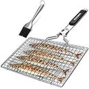 Fish Grilling Basket, Penobon Folding Portable Stainless Steel BBQ Grill Basket for Fish Vegetables Shrimp with Removable Handle, with Basting Brush and Storage Bag