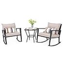 Costway 3PCS Patio Rocking Chair Set w/Lumbar Pillows, Soft Detachable Cushions, All Weather Chaise Lounge Chairs, Outdoor Rattan Wicker Bistro Set - Two Chairs & Tempered Glass Coffee Table (Beige)