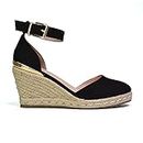 ESSEX GLAM Womens Mid Wedge Heel Platform Sandals Ladies Ankle Strap Espadrille Black Shoes Size 5