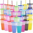 30 Pack Color Changing Cups Bulk, 24oz Plastic Tumbler with Lids & Straws, Reusable Cold Water Drinking Cup for Party, Iced Coffee, Juice, Water, Beverage, BPA Free, 10 Colors