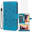 Bohefo Case for iPhone 6 Case, iPhone 6S Wallet Case with Tempered Glass Screen Protector, Embossed Mandala Leather Flip Credit Card Holder Stand Phone Cover Cases for Apple iPhone 6 Blue
