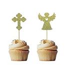 Festiko® 24 PCS Gold Jesus Cross Cupcake Toppers with Christian Symbol Crucifix for Jesus Easter Theme Party Birthday Party Wedding Party Decorations