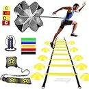 Speed Agility Training Equipment Set, 20ft. Agility Ladder Set Includes 10 Cones, 5 Loop Bands, 4 Hooks, 4 Armbands, Resistance Parachute, Jump Rope, Football Kick Trainer & Carry Bag,Exercise Equipment Kit for Soccer Football