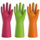 3 Pairs Rubber Household Cleaning Gloves–Reusable Dishwashing Gloves for Kitchen, Flexible Durable & Waterproof (Small, Green+Red+Orange)