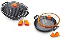 CountryCook Pre-Seasoned Cast Iron Grill Pan & Frying Pan 26Cms With Glass Lid Gas & Induction Friendly Heavy Duty Cookware, Black