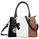 KKXIU 3 Zippered Compartments Purses and Handbags for Women Top Handle Satchel Shoulder Ladies Bags, A-black White Brown, Medium