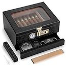 Tesonway Cigar Humidor, Cedar Wood Humidor Cigar Box, Glass Top Desktop Humidor with Front Hygrometer, Humidifier, Divider, Accessories Drawer and Combination Lock, Holds 20-35 Cigars