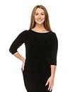 Jostar Women's Basic T Shirts - 3/4 Sleeve Scoop Neck Soft Wrinkle Free Solid Top with Side Slit 1034AY-QRS1-BLK M Black