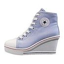 Hurriman Wedge Sneakers for Women, High Heel Platform High Top Canvas Shoes Lace up Zipper Fashion Sneakers, Tenis Zapatos de Cuña Plataforma Tacón para Mujer, Suitbale for Y2K & Harley Quinn Cosplay, Blue, 7-7.5