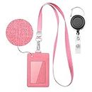 Life-Mate Badge Holder - Leather ID Badge Card Holder Wallet Case with 3 Cards Slot and Neck Lanyard/Strap. Additional Retractable Badge Reel with Belt Clip (Pink)
