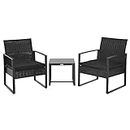 Outsunny 3 Pieces Outdoor PE Rattan Bistro Set with Cushions, Patio Wicker Balcony Furniture, Conservatory Sofa Glass Top Coffee Table and Armchairs for Garden, Porch, Black
