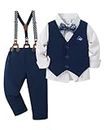 YUEMION Toddler Baby Boy Clothes Suits Gentleman Dress Shirt+Bowtie+Vest+Suspender Pants Boy Formal Wedding Outfits Set (White and Navy Blue,3-4T)