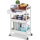 TOOLF 3-Tier Utility Rolling Cart with Wooden Board & Drawer, Metal Storage Cart with Handle, White Trolley Kitchen Organizer Rolling Desk with Locking Wheels for Office, Classroom, Home, Bedroom