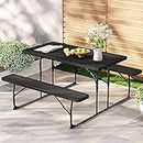Gardeon 3 pcs Outdoor Dining Set, Steel Frame Garden Setting Table and Chairs, 2 Seater Patio Conversation Sets Folding Bench Furniture Backyard, Weather-Resistant HDPE Black