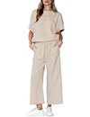 Wyeysyt Women's 2 Piece Outfits Sweatsuit 3/4 Batwing Sleeve Pullover Top Wide Leg Pant 2024 Lounge Sets Tracksuits(Apricot-M)